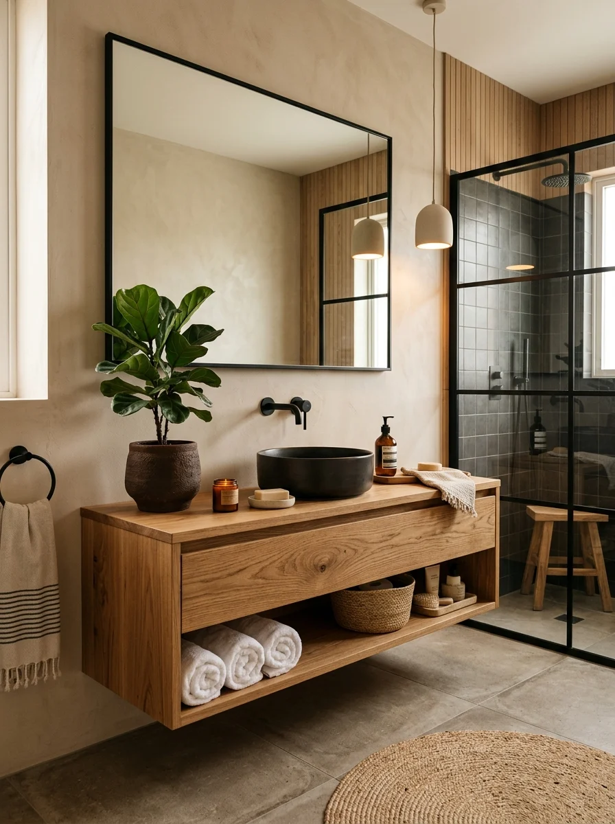 Black and wood bathroom with natural design and warm modern aesthetic