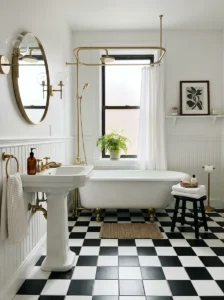 Black and white checkerboard bathroom floors with timeless design