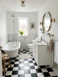 Black and white checkerboard tile bathroom floor