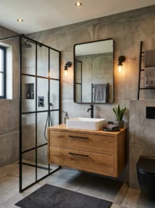 Concrete look bathroom tiles in a sleek modern interior