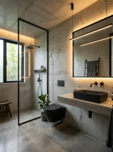 Black bathroom hardware paired with textured concrete walls