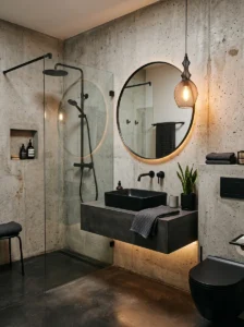 Black bathroom hardware paired with textured concrete walls