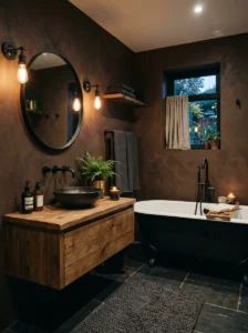 Dark brown wall bathroom with black details design