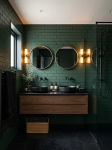 Dark green bathroom tiles with black grout and black fixtures