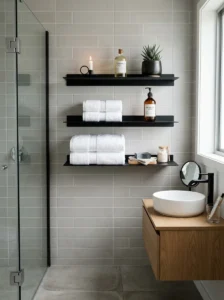 Floating black bathroom shelves with clean and organized styling