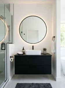 Floating black vanity cabinet in a modern bathroom