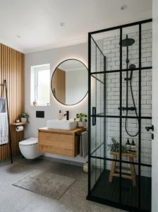 Black shower frame with wood accents bathroom