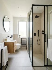 Black framed shower glass adding structure to a modern bathroom