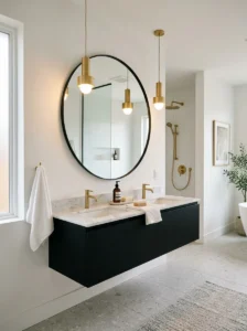 Gold pendant lights hanging above a bathroom sink