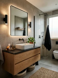 Warm gray bathroom tiles in a modern interior