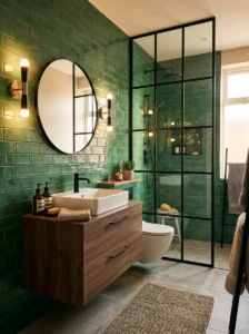 Green subway bathroom tiles with black framed shower doors
