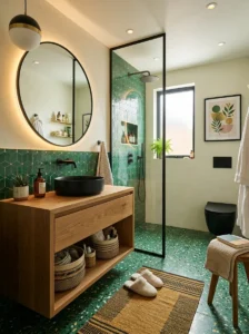 Green terrazzo bathroom with matte black accents
