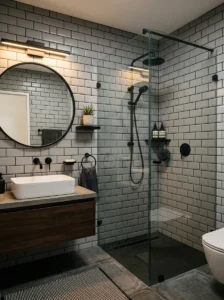 Grey subway tiles with black grout in a modern bathroom
