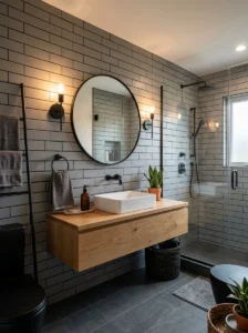 Grey subway tile bathroom with black fixtures and modern styling