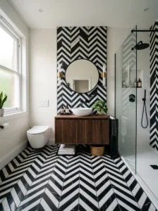 Herringbone black and white tile bathroom