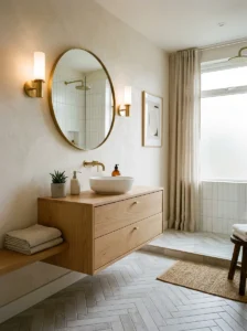 Herringbone tile layout in a modern bathroom