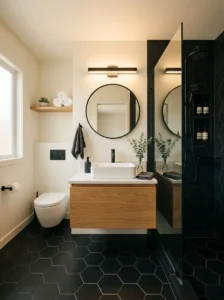 Black hexagon floor tiles in a stylish bathroom