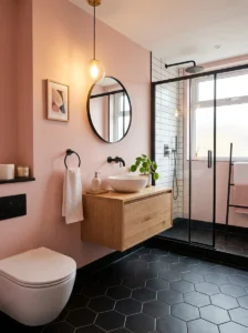 Black hexagon floor tiles paired with pink bathroom walls