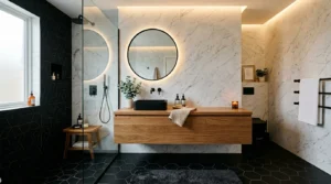 Modern bathroom with black hexagon tile floors and matte black fixtures