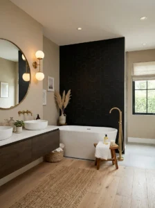 Black hexagon tile accent wall behind a modern bathtub