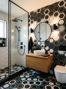 Mixed black and white hexagon tiles in a modern bathroom