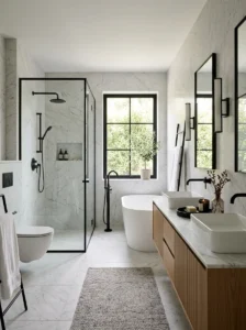 Marble bathroom with black accents