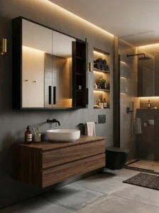 Black bathroom mirror cabinet with hidden storage