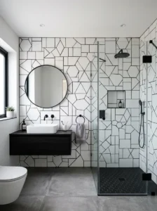 Mixed tile bathroom with black grout design contrast