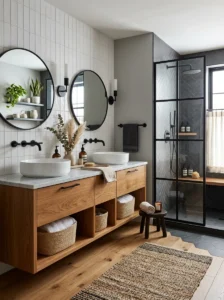 Mixed wood tone bathroom with black fixtures design