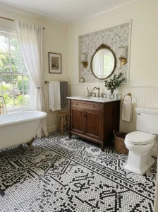 Mosaic black and white tile bathroom floor