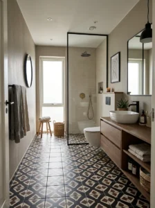 Black and brown patterned tile bathroom floor