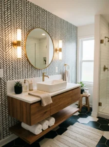 Black and white wallpaper feature adding personality to bathroom decor