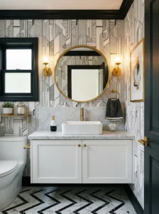 Black and white wallpaper accent wall in a modern bathroom