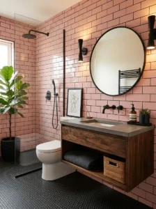 Pink subway tiles with black grout in a modern bathroom