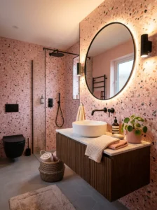 Pink terrazzo bathroom with matte black details