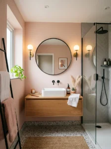 Blush pink bathroom walls paired with matte black fixtures