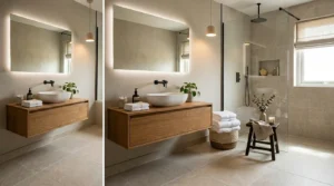 Modern bathroom featuring stylish porcelain floor tiles