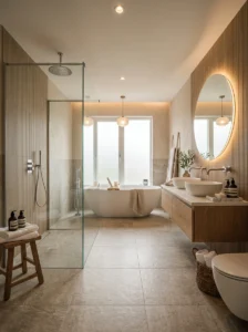 Porcelain tile bathroom flooring designed for moisture resistance and durability.