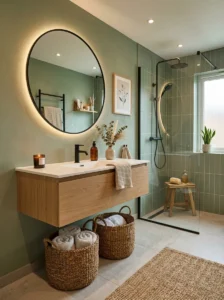 Sage green bathroom walls paired with matte black fixtures