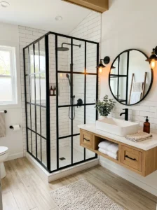Black framed shower with white bathroom tiles