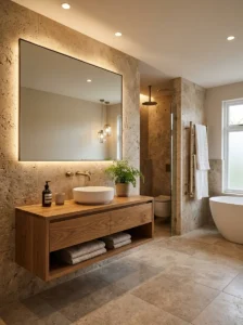 Stone texture tiles in a modern bathroom design