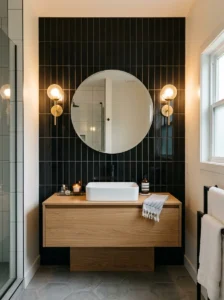 Vertical black subway tile bathroom wall design