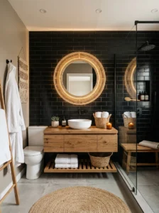 Black subway tile bathroom paired with a wood vanity