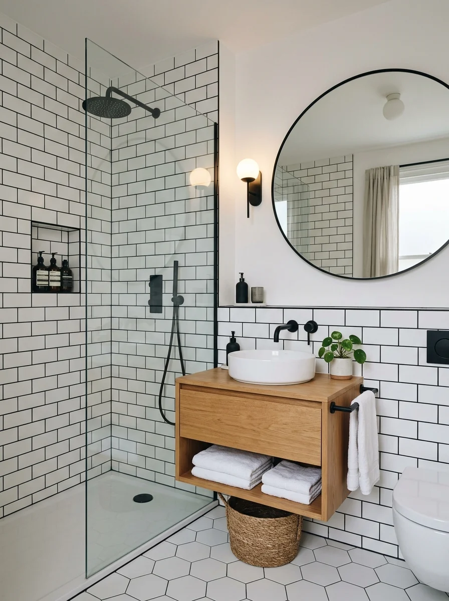 White tile bathroom with black grout lines and modern high contrast design