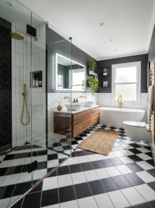 Diagonal black and white tile bathroom pattern