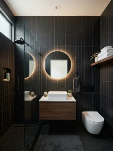Vertical black tiles small bathroom height illusion