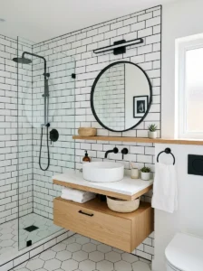 White subway tile bathroom with black grout contrast