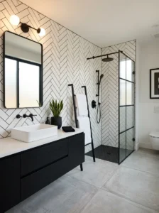 Herringbone tile bathroom with black grout contrast