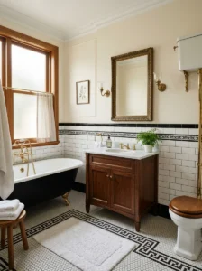 White tile bathroom with black border design