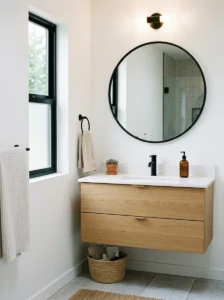 Black framed mirror on white wall bathroom decor